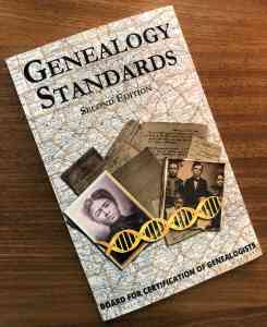 photograph of the book Genealogy Standards by the Board for Certification of Genealogists